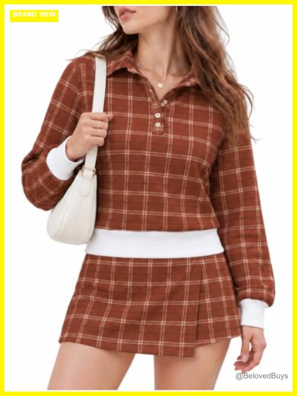 Polo Collar Long Sleeve Skirt Set Plaid 2 Piece Outfit